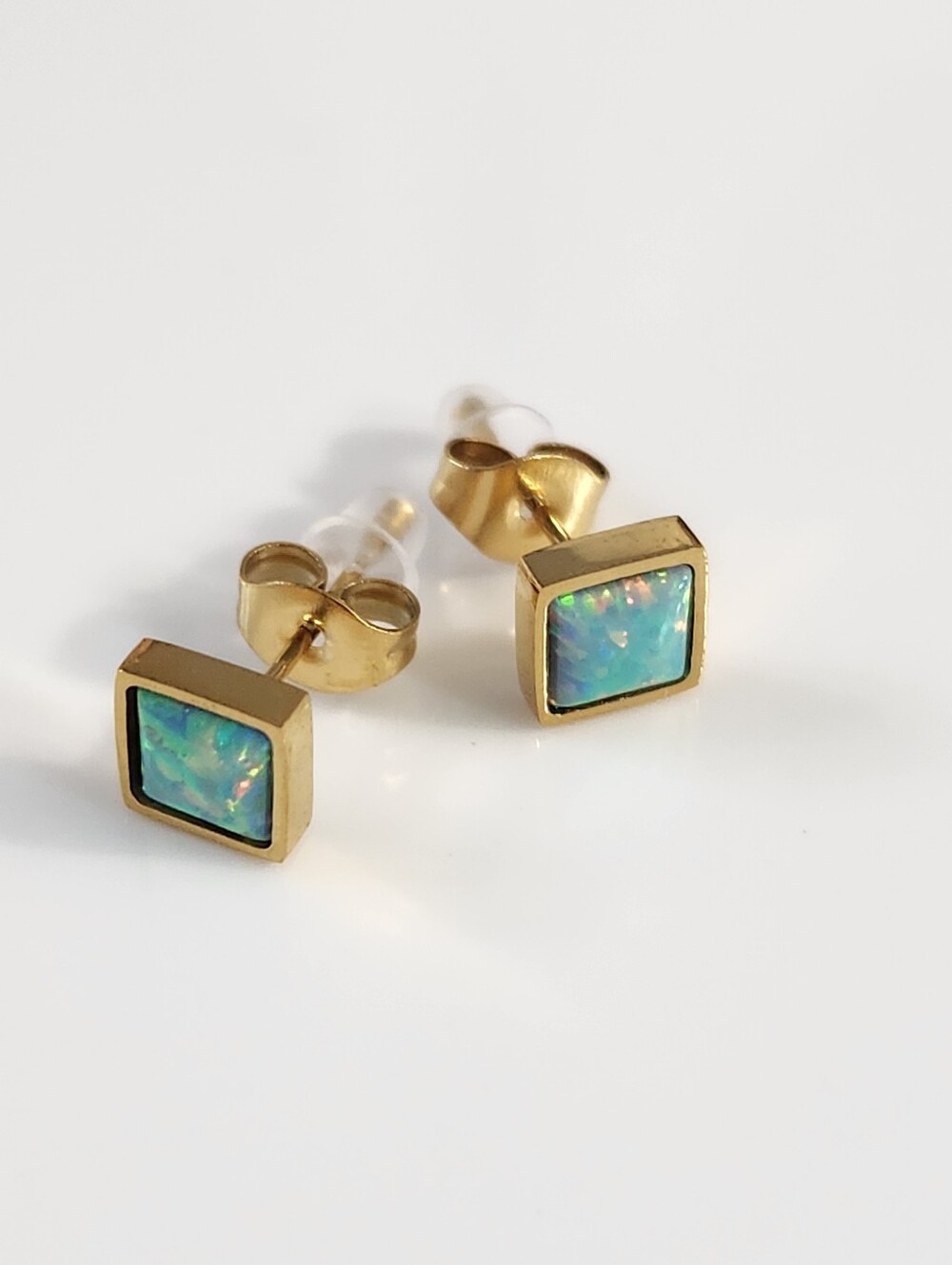 Stainless Steel Lab Opal Stud Earrings